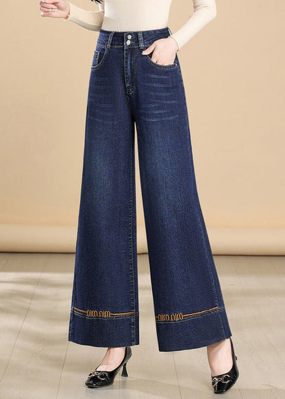 Embroidered Leg Pants Denim Fit Silm Wide Summer Navy