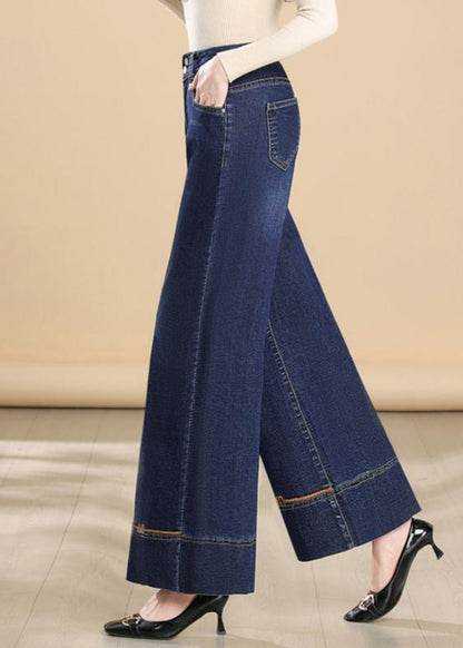 Embroidered Leg Pants Denim Fit Silm Wide Summer Navy