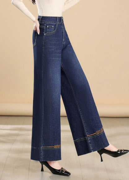 Embroidered Leg Pants Denim Fit Silm Wide Summer Navy