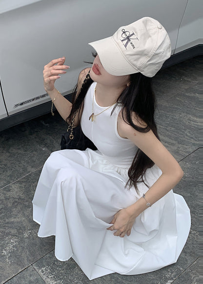 Silm Fit White Patchwork Cotton Holiday Dress Sleeveless TZ006