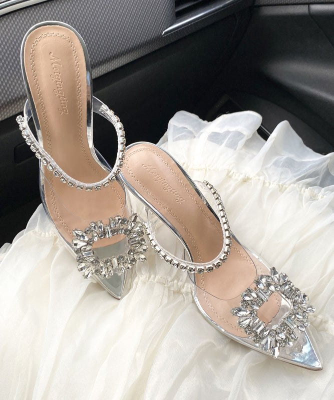 Toe Sandals Unique Heel Silver Pointed High Zircon Clear Splicing