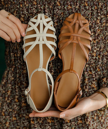 Silver Flat Sandals Cowhide Leather Fine Splicing Hollow Out XC1035