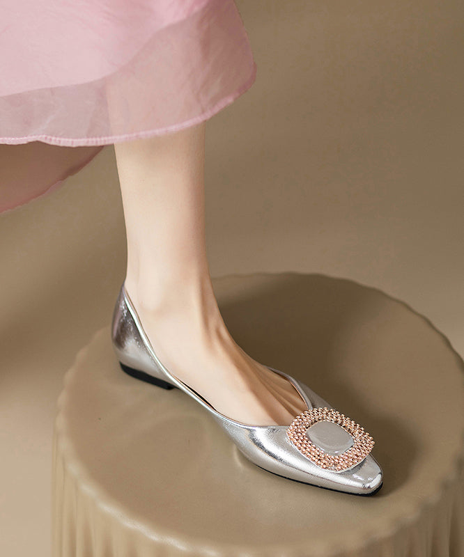 Silver Fitted Flat Faux Zircon Shoes Leather Splicing