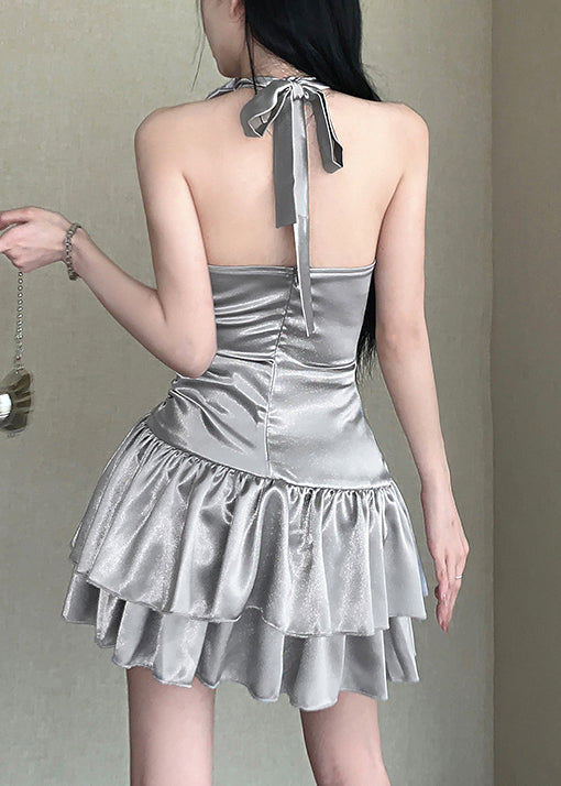 Silver Floral Dress High Waist Sleeveless Out Hollow