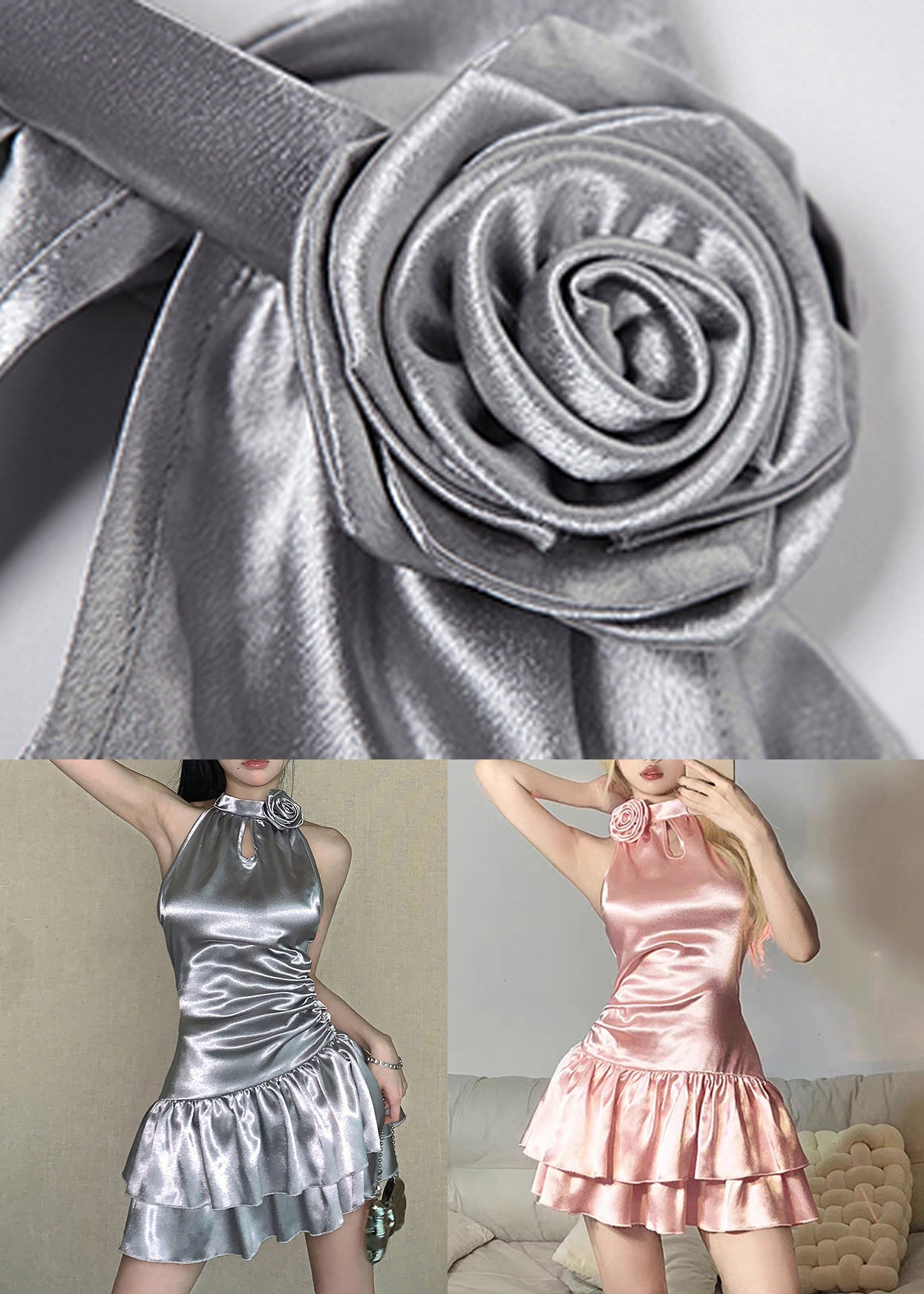 Silver Floral Dress High Waist Sleeveless Out Hollow