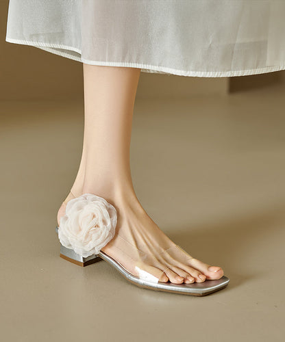 Silver Sandals Splicing Floral Peep Stylish Toe Chunky