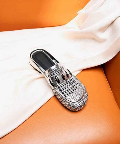 Splicing Faux Out Hollow Leather Slide Sandals Silver