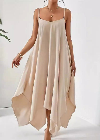 Simple Solid Cotton Dress Spaghetti Apricot Strap Asymmetrical