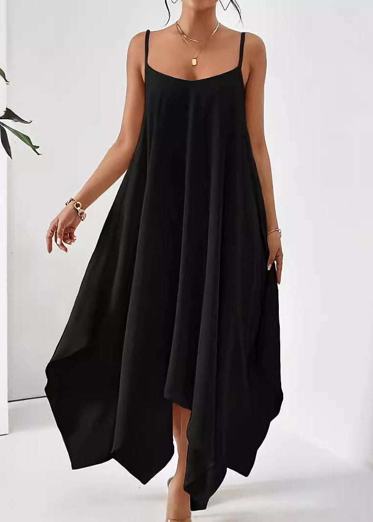 Solid Dress Simple Strap Cotton Asymmetrical Spaghetti Apricot