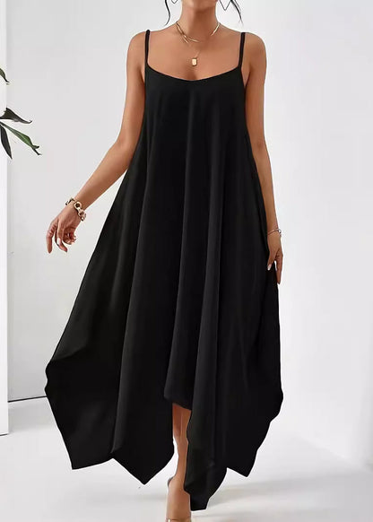 Simple Solid Cotton Dress Spaghetti Apricot Strap Asymmetrical