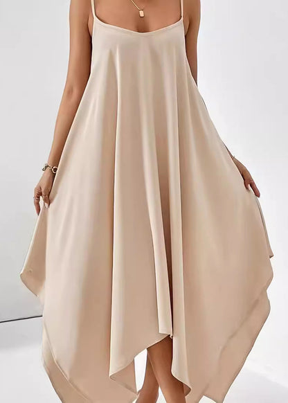 Solid Dress Simple Strap Cotton Asymmetrical Spaghetti Apricot