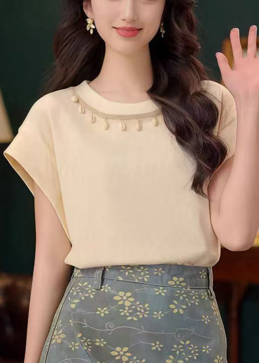 Summer Cotton Neck O Solid Apricot Simple Shirts T