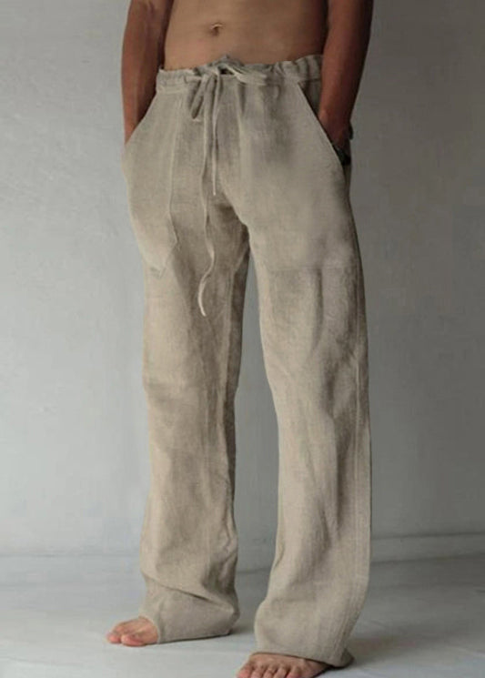 Elastic Summer Apricot Pants Waist Simple Pockets Linen Mens