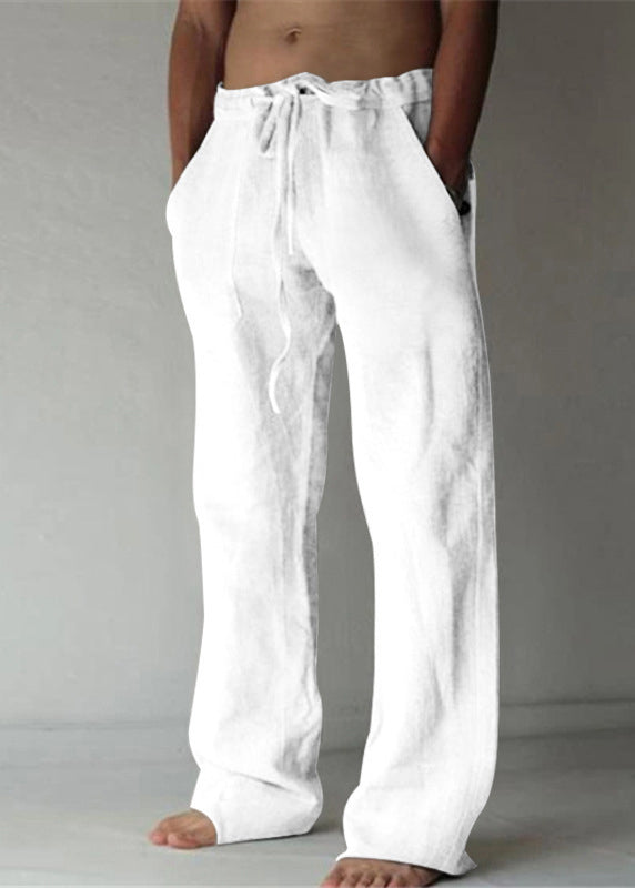 Elastic Summer Apricot Pants Waist Simple Pockets Linen Mens