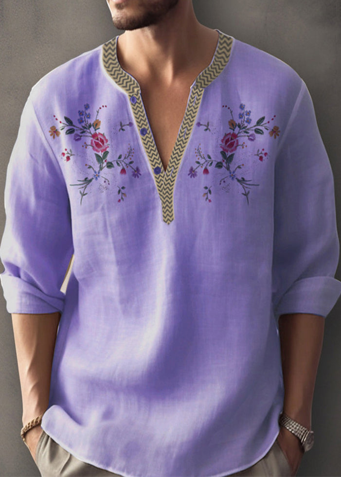 Neck Apricot Simple Print Shirt V Mens Cotton Fall