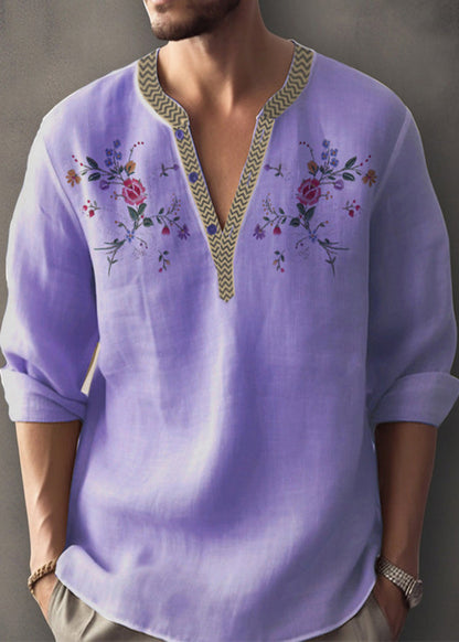 Neck Apricot Simple Print Shirt V Mens Cotton Fall