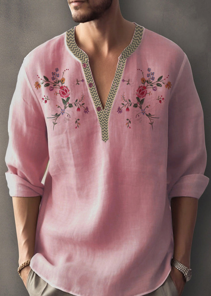 Neck Apricot Simple Print Shirt V Mens Cotton Fall