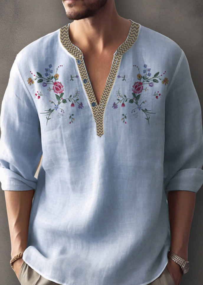 Neck Apricot Simple Print Shirt V Mens Cotton Fall