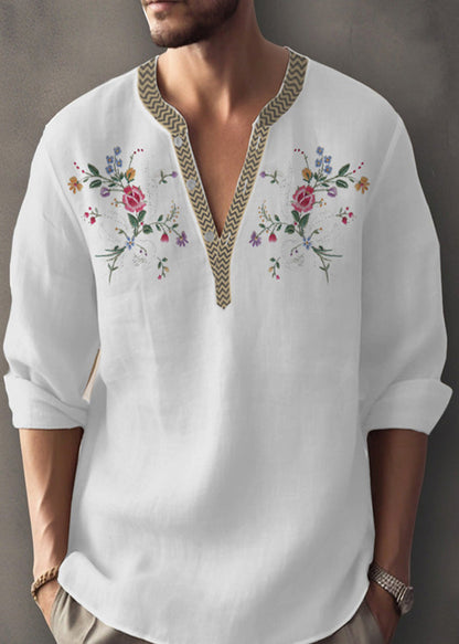 Neck Apricot Simple Print Shirt V Mens Cotton Fall