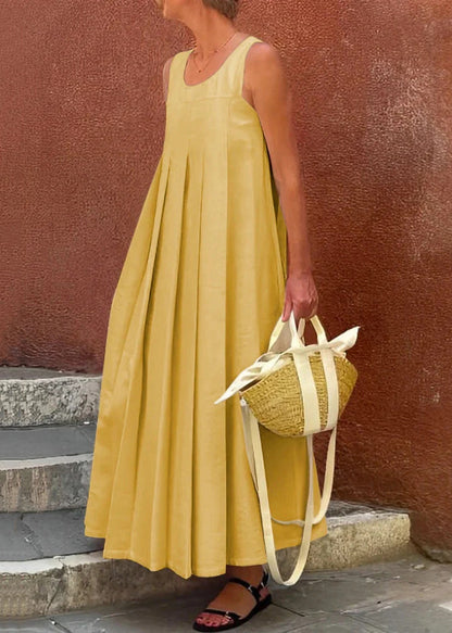 Sleeveless Simple Long Apricot Cotton Solid Wrinkled Dress