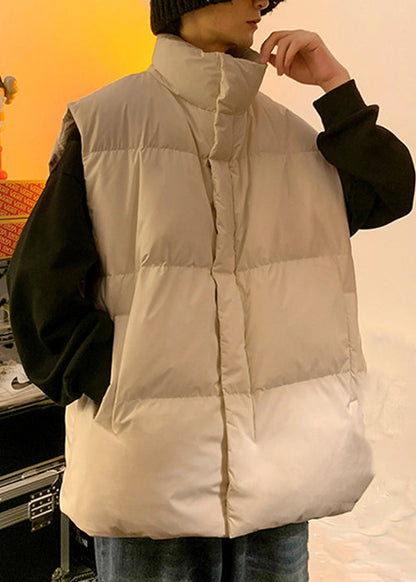 Simple Apricot Zip Up Pockets Solid Men Puffer Vest Winter RN012