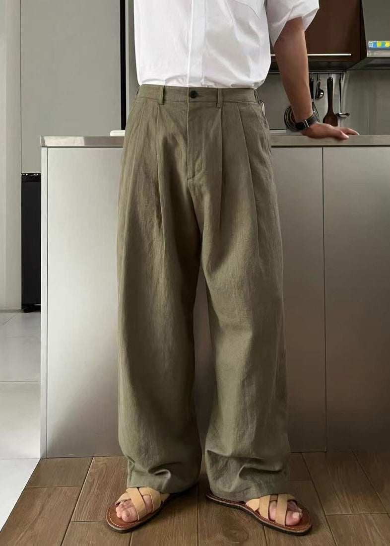 Waist Men Green Army Solid Linen High Summer Pants Simple