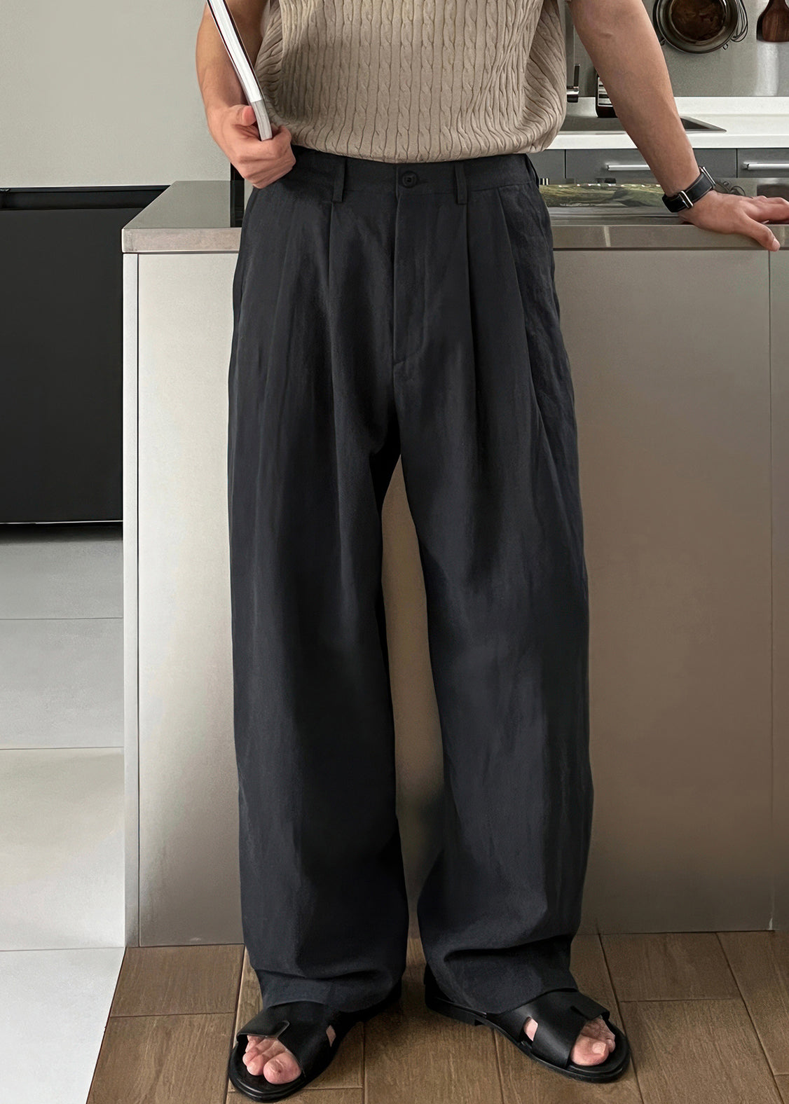 Waist Men Green Army Solid Linen High Summer Pants Simple