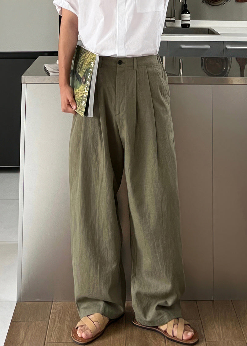 Waist Men Green Army Solid Linen High Summer Pants Simple