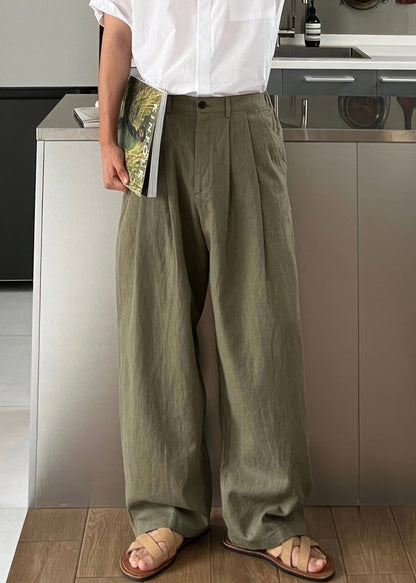 Waist Men Green Army Solid Linen High Summer Pants Simple