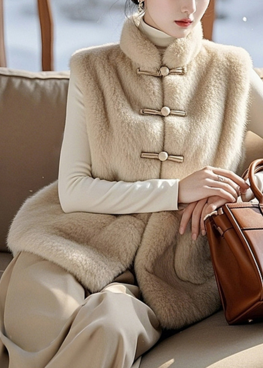 Simple Beige Button Pockets Fuzzy Fur Fluffy Sleeveless RZ010