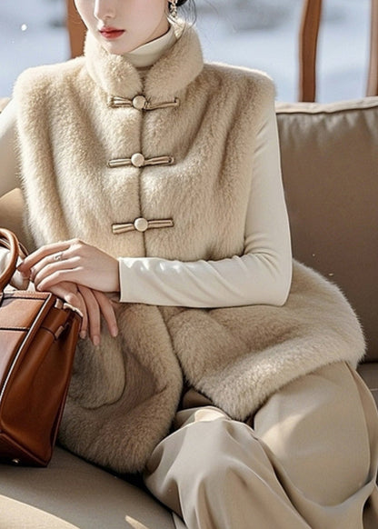Simple Beige Button Pockets Fuzzy Fur Fluffy Sleeveless RZ010
