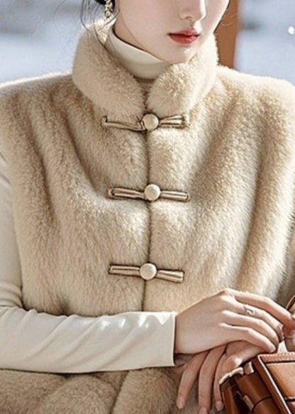 Simple Beige Button Pockets Fuzzy Fur Fluffy Sleeveless RZ010