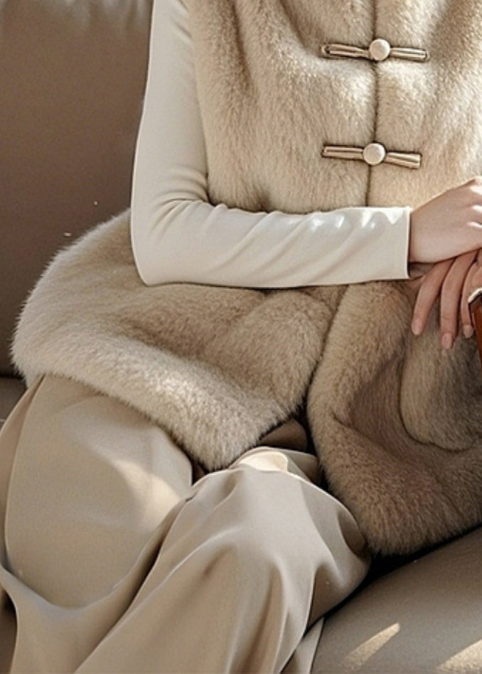 Simple Beige Button Pockets Fuzzy Fur Fluffy Sleeveless RZ010