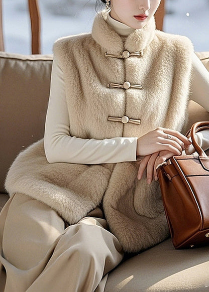 Simple Beige Button Pockets Fuzzy Fur Fluffy Sleeveless RZ010