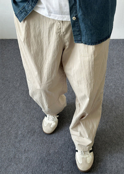 Button Pockets Cotton Pants Summer Simple Men Solid Beige