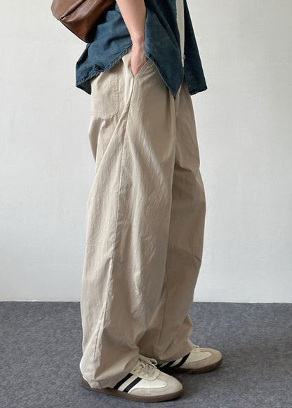 Button Pockets Cotton Pants Summer Simple Men Solid Beige