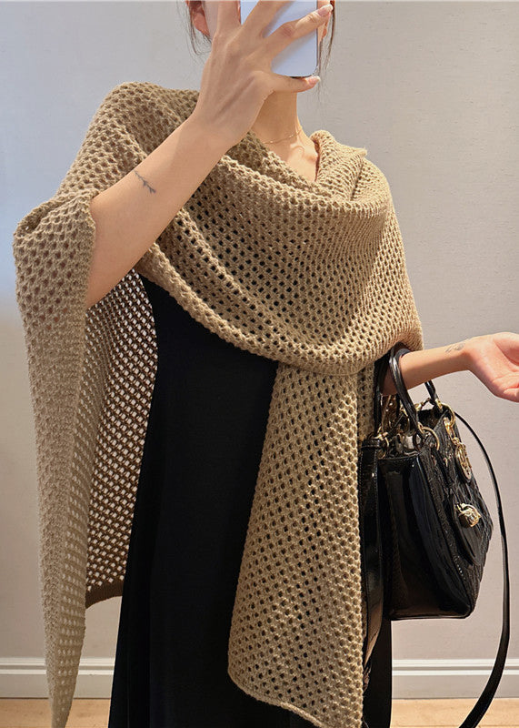 Simple Beige Hollow Out Sold Knit Cape Winter RP024