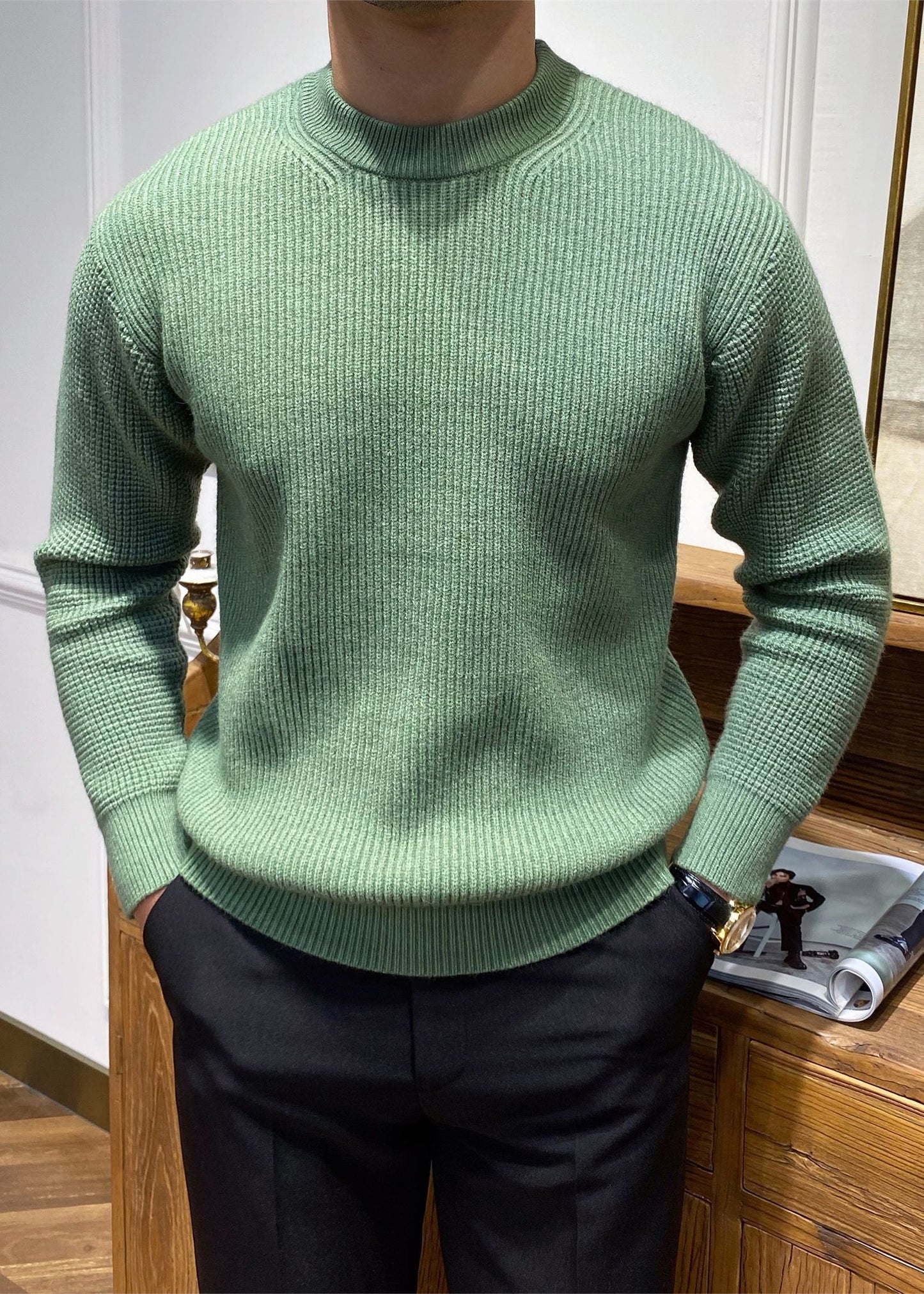 Simple Beige O Neck Solid Knit Men Sweater Spring TK004