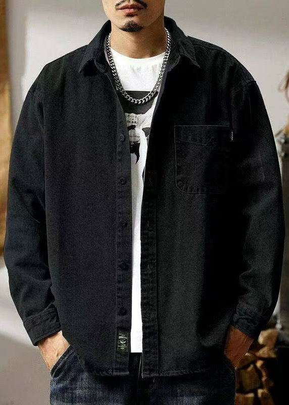 Simple Spring Men Denim Solid Button Pockets Shirts Black