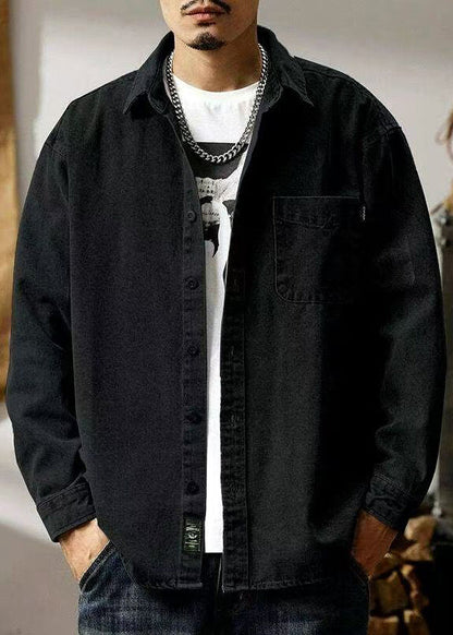 Simple Spring Men Denim Solid Button Pockets Shirts Black