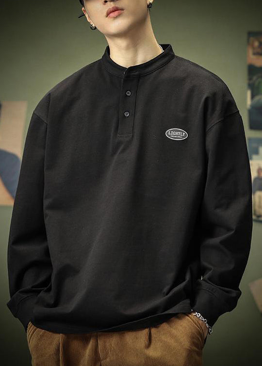 Spring T Men Shirt Cotton Solid Black Button Simple