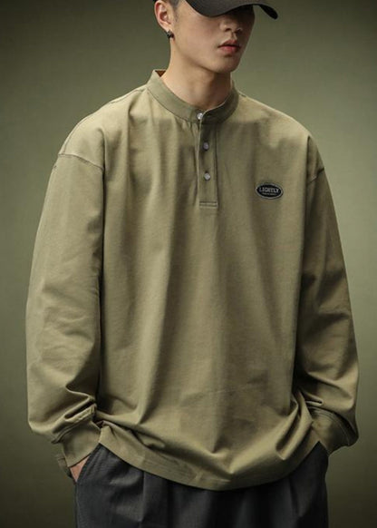 Spring T Men Shirt Cotton Solid Black Button Simple