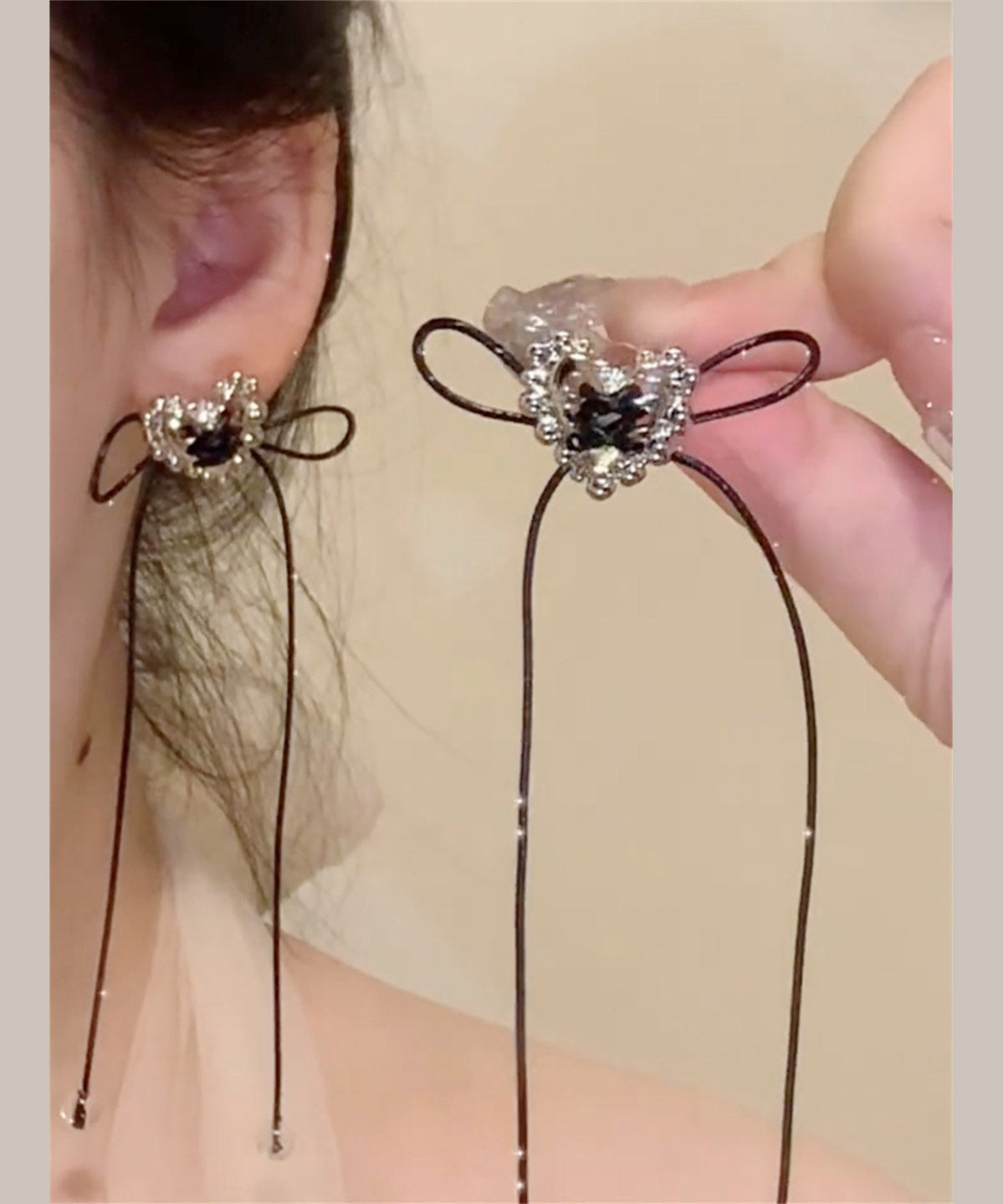 Simple Black Copper Overgild Love Bow Tassel Drop Earrings YA022