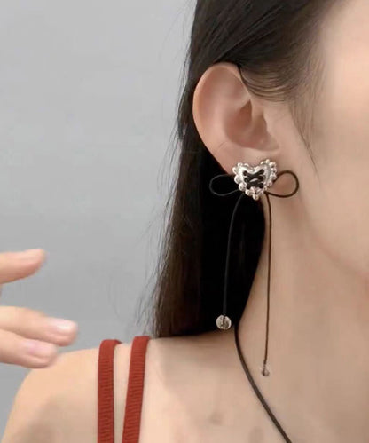 Simple Black Copper Overgild Love Bow Tassel Drop Earrings YA022