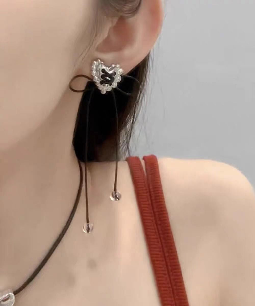 Simple Black Copper Overgild Love Bow Tassel Drop Earrings YA022