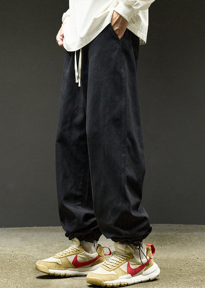Simple Black Drawstring Solid Warm Fleece Men Beam Pants Spring RM059