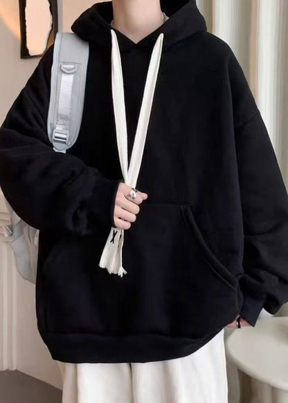 Simple Black Hooded Lace Up Pockets Cotton Men Sweatshirt Spring YQ030