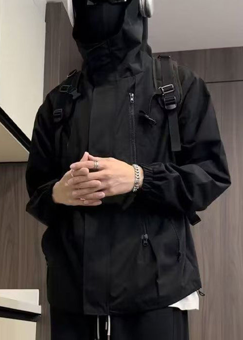 Cotton Black Oversized Zippered Simple Men Hooded Coat Spring