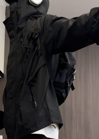 Cotton Black Oversized Zippered Simple Men Hooded Coat Spring