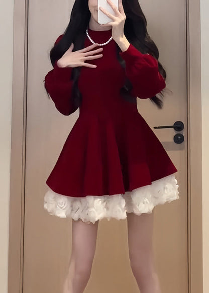 Simple Black O Neck Solid Patchwork Silk Velvet Mid Dress Spring YT036